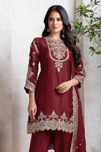 Maroon Georgette Kameez With Dhoti Suit For Indian & Pakistani Wedding Festival - Thread & Sequence Embroidery - close-up view