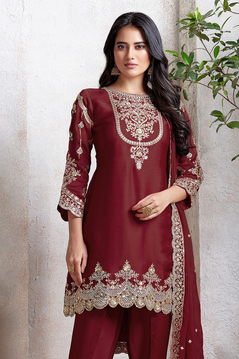 Maroon Georgette Kameez With Dhoti Suit For Indian & Pakistani Wedding Festival - Thread & Sequence Embroidery - close-up view