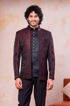 Burgundy Black 3 Piece Jodhpuri Suit, Jacket & Pant - Traditional Indian Attire Men - close-up view