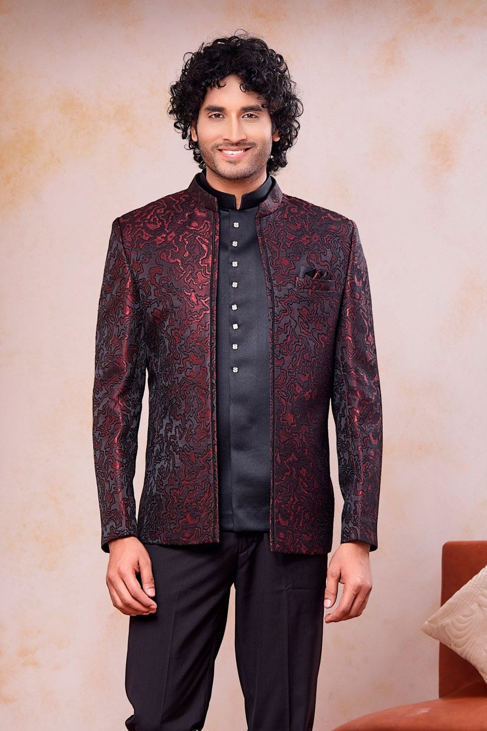 Burgundy Black 3 Piece Jodhpuri Suit, Jacket & Pant - Traditional Indian Attire Men - close-up view