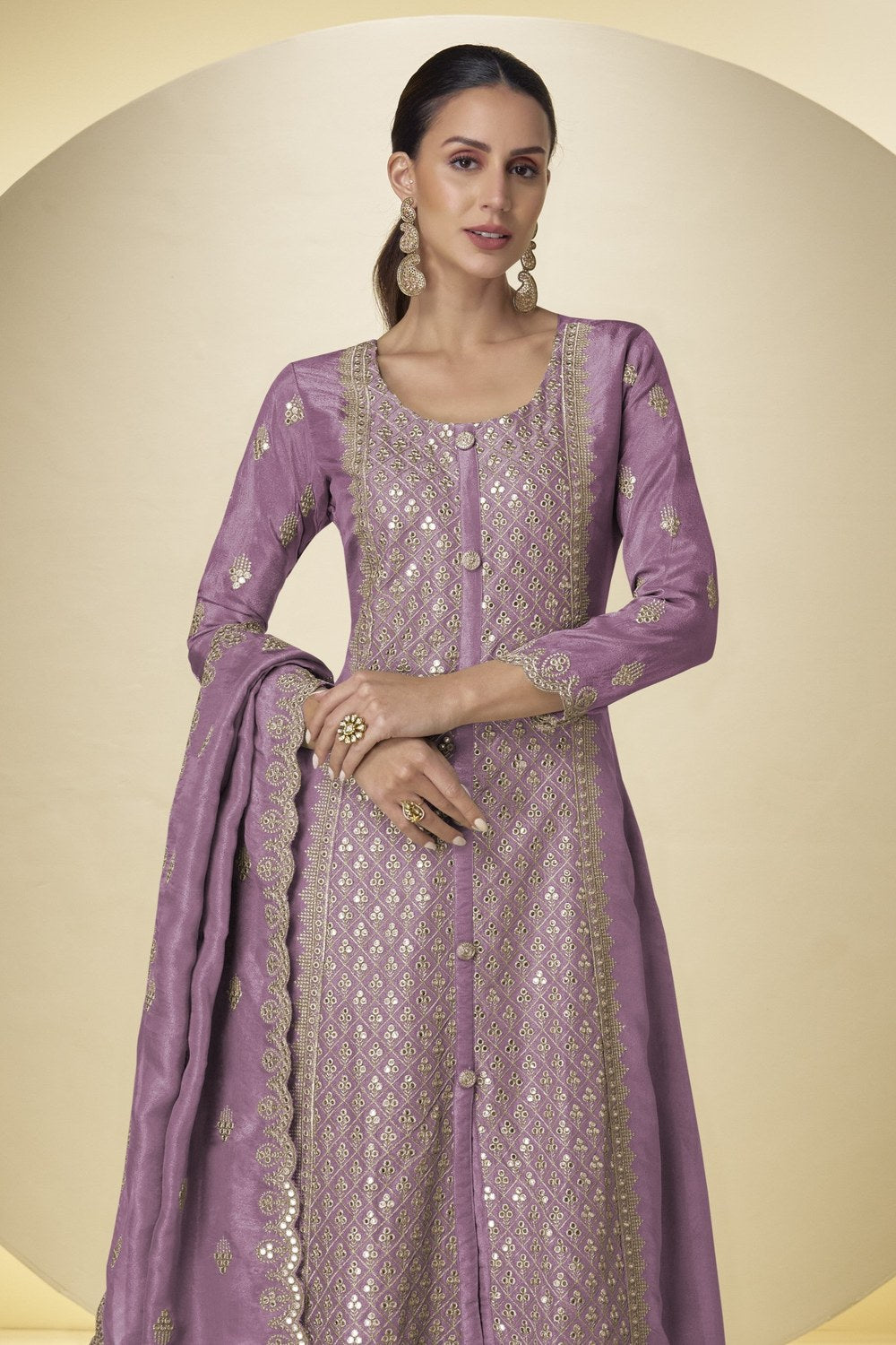 Lilac Simmer Silk Long Kameez with Plazo - Embroidery Work - close-up view