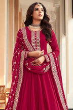Red Georgette Anarkali Wedding Gown India - Embroidery Work - close-up view