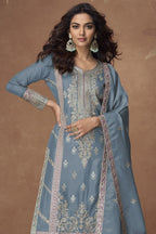 Light Gray Simmer Silk Kameez with Pant For Indian Festivals & Weddings - Embroidery Work - close-up view