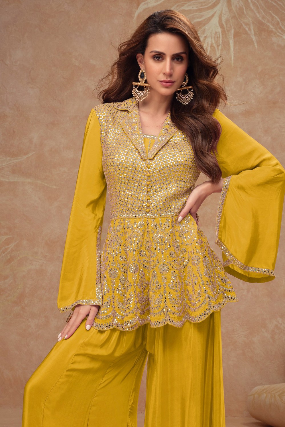 Mustard Yellow Chinon Silk Plazo Suit For Indian Weddings & Pakitani Festivals - Embroidery Work - close-up view