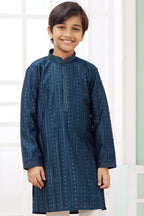 Dark Blue Art Silk 2 Piece Kids Wear Boys Suit Long Kurta Pajama for Kids for Festivals & Wedding - Embroidery Work - close-up view
