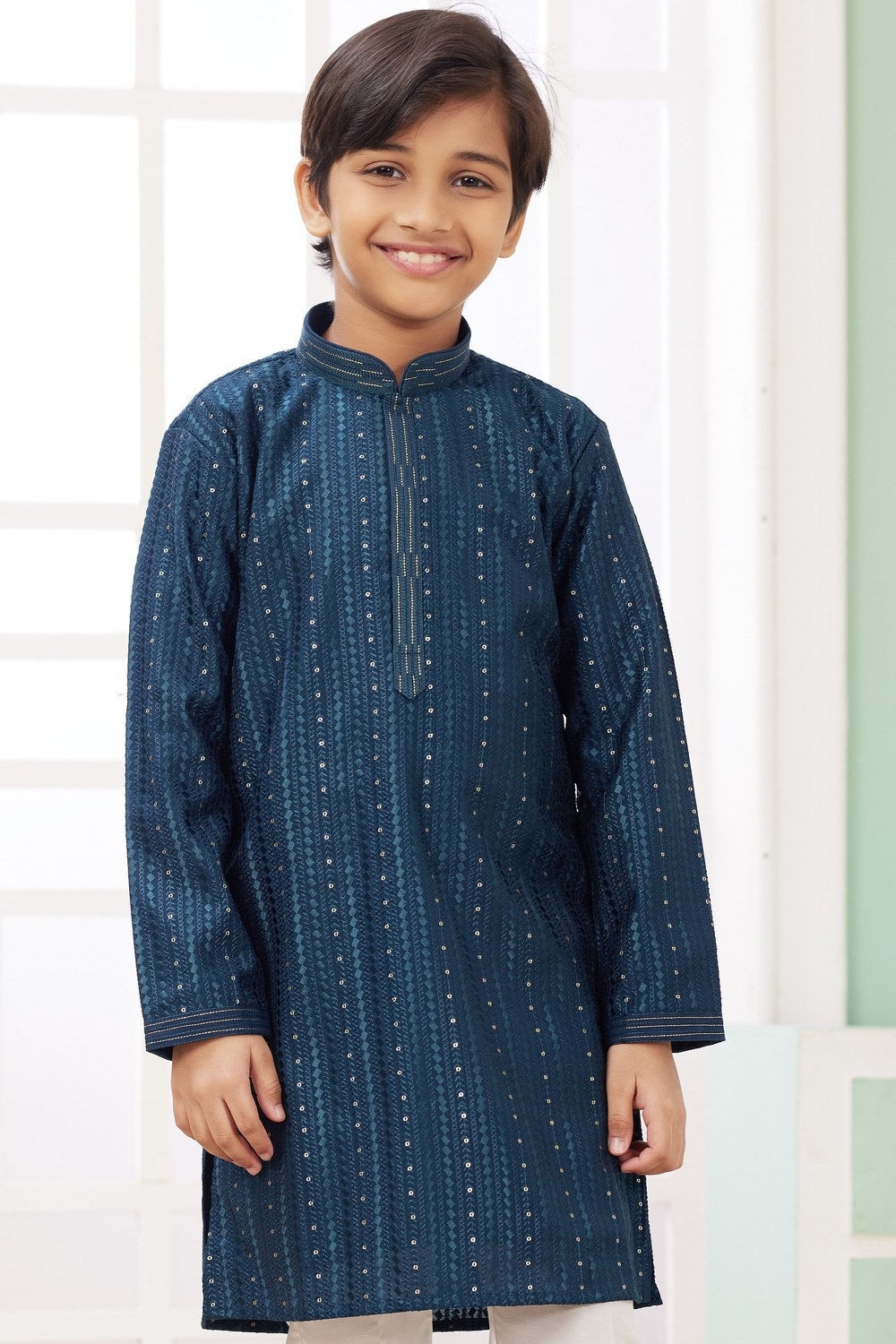 Dark Blue Art Silk 2 Piece Kids Wear Boys Suit Long Kurta Pajama for Kids for Festivals & Wedding - Embroidery Work - close-up view