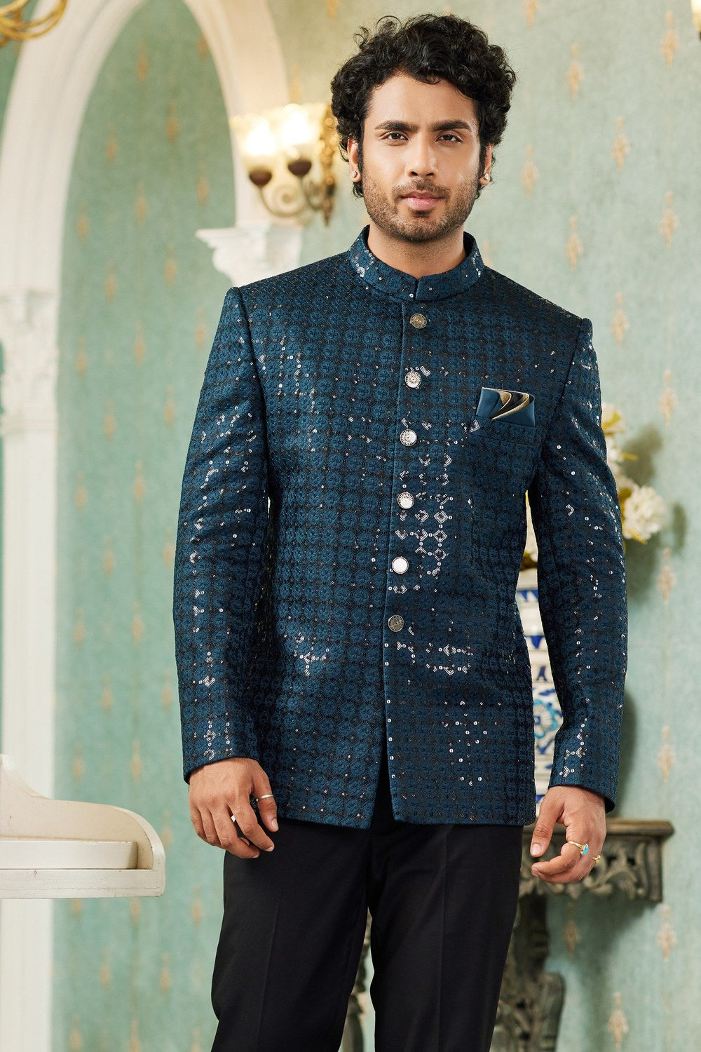 Teal Art Silk Traditional Jodhpuri Suits with Pant for Men for Wedding - Thread Embroidery Work - close-up view