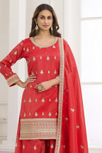 Orange Red Embroidered Palazzo Set in Simmer Silk - close-up view