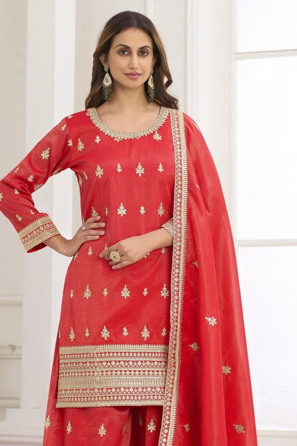 Orange Red Embroidered Palazzo Set in Simmer Silk - close-up view