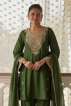 Olive Green Cotton Silk Embroidery Loose Fit A Line Kurta Set for Women - close-up view