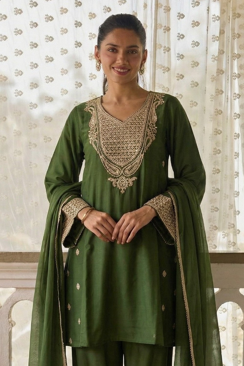 Olive Green Cotton Silk Embroidery Loose Fit A Line Kurta Set for Women - close-up view