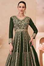 Green Georgette Anarkali Suit With Front Slit For Indian & Pakistani Wedding Festival - Embroidery Work - close-up view