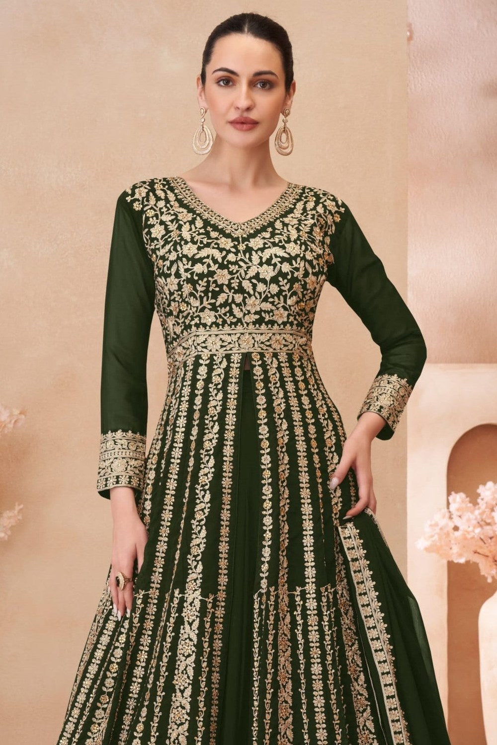 Green Georgette Anarkali Suit With Front Slit For Indian & Pakistani Wedding Festival - Embroidery Work - close-up view