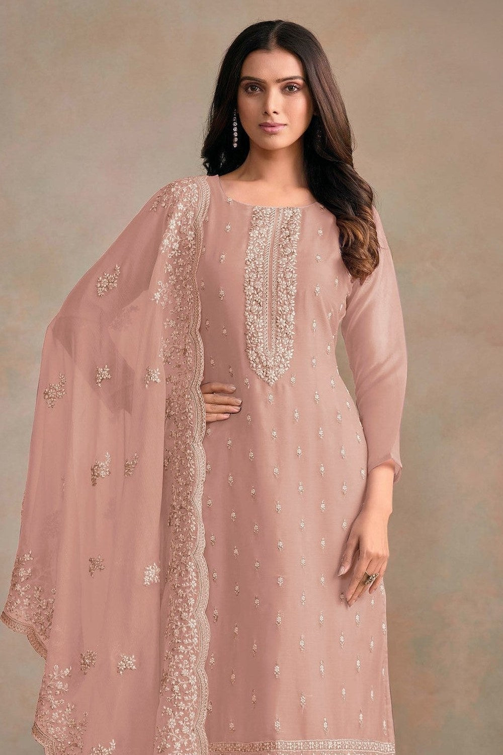 Light Pink Organza Silk Kameez With Pant For Indian & Pakistani Wedding Festival - Embroidery Work - close-up view