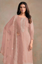 Light Pink Organza Silk Kameez With Pant For Indian & Pakistani Wedding Festival - Embroidery Work - close-up view