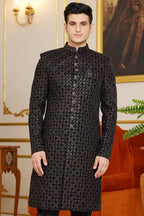 Black Art Silk Indo Western Traditional Sherwani Long Kurta & Pant Suit for Men for Wedding - Embroidery Work - close-up view