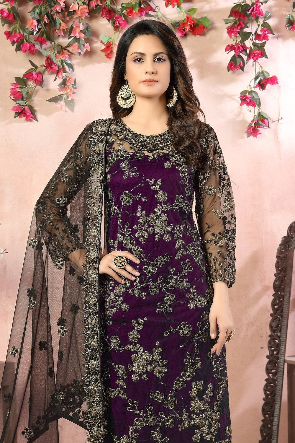 Plum Net Kameez with Pant Traditional Pakistani Clothing - close-up view