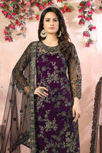 Plum Net Kameez with Pant Traditional Pakistani Clothing - close-up view