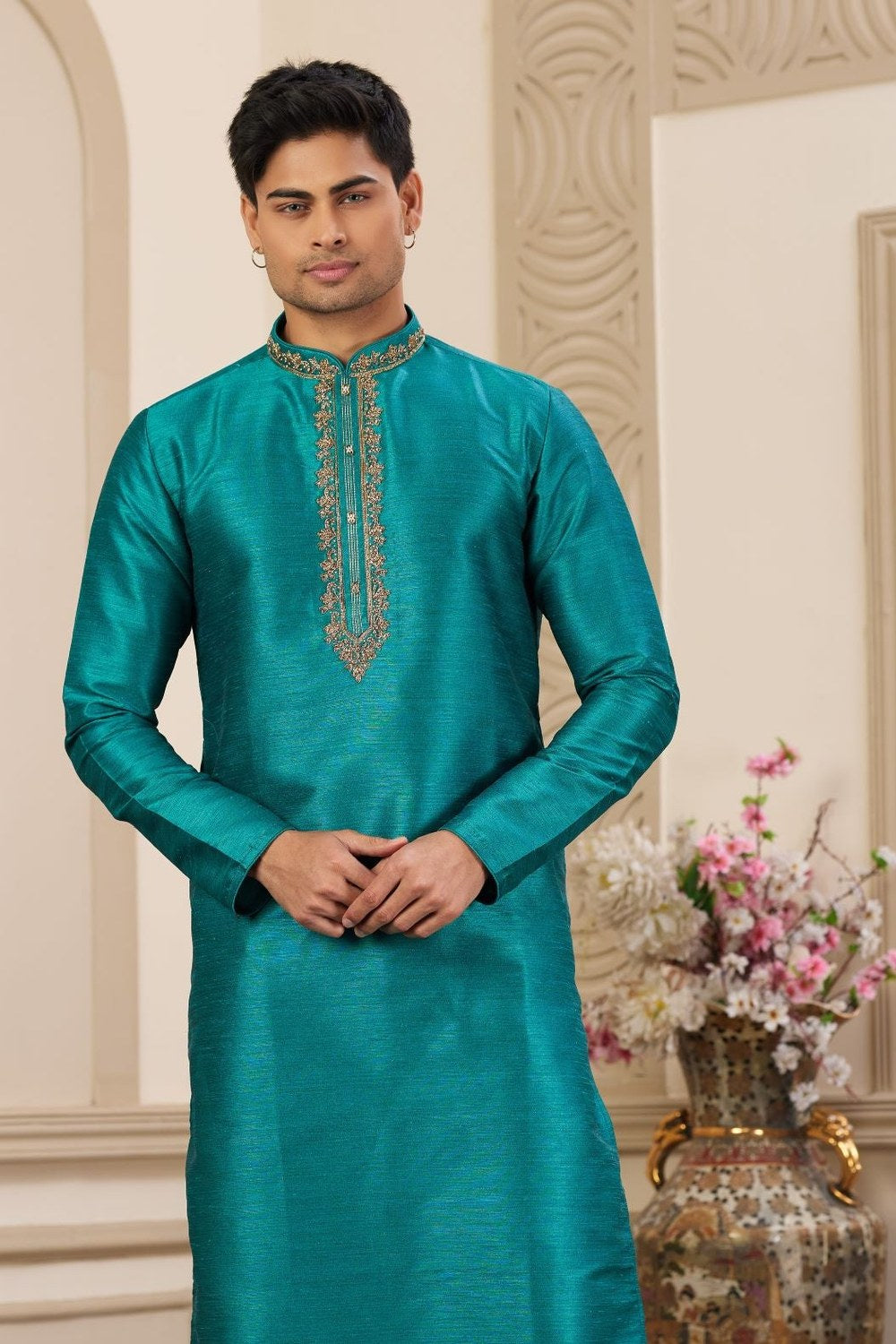 Peacock Blue Art Silk Kurta Pajama Clothes with Handwork - close-up view