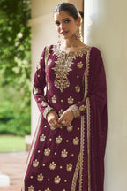 Maroon Straight Cut Pakistani Suit with Chinon Silk Palazo - close-up view