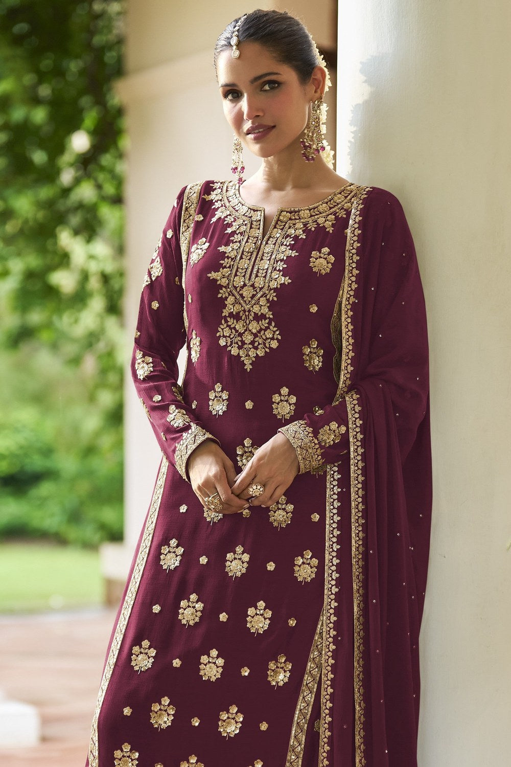 Maroon Straight Cut Pakistani Suit with Chinon Silk Palazo - close-up view
