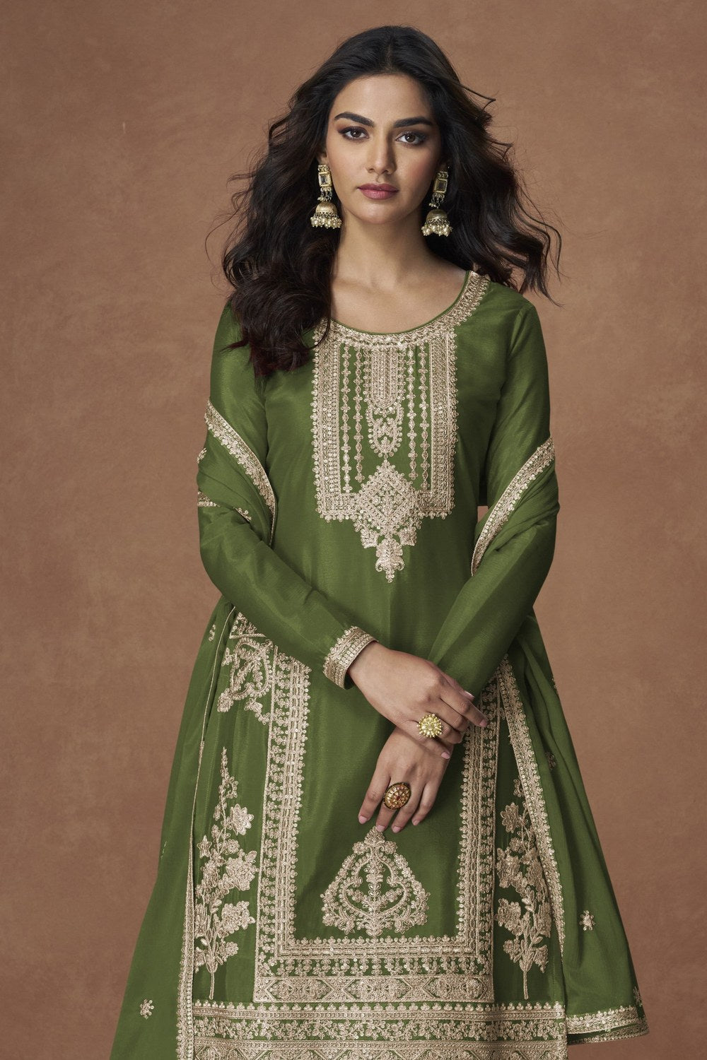 Olive Green Chinon Silk Plazo Suit For Indian & Pakistani Wedding Festival - Embroidery Work - close-up view