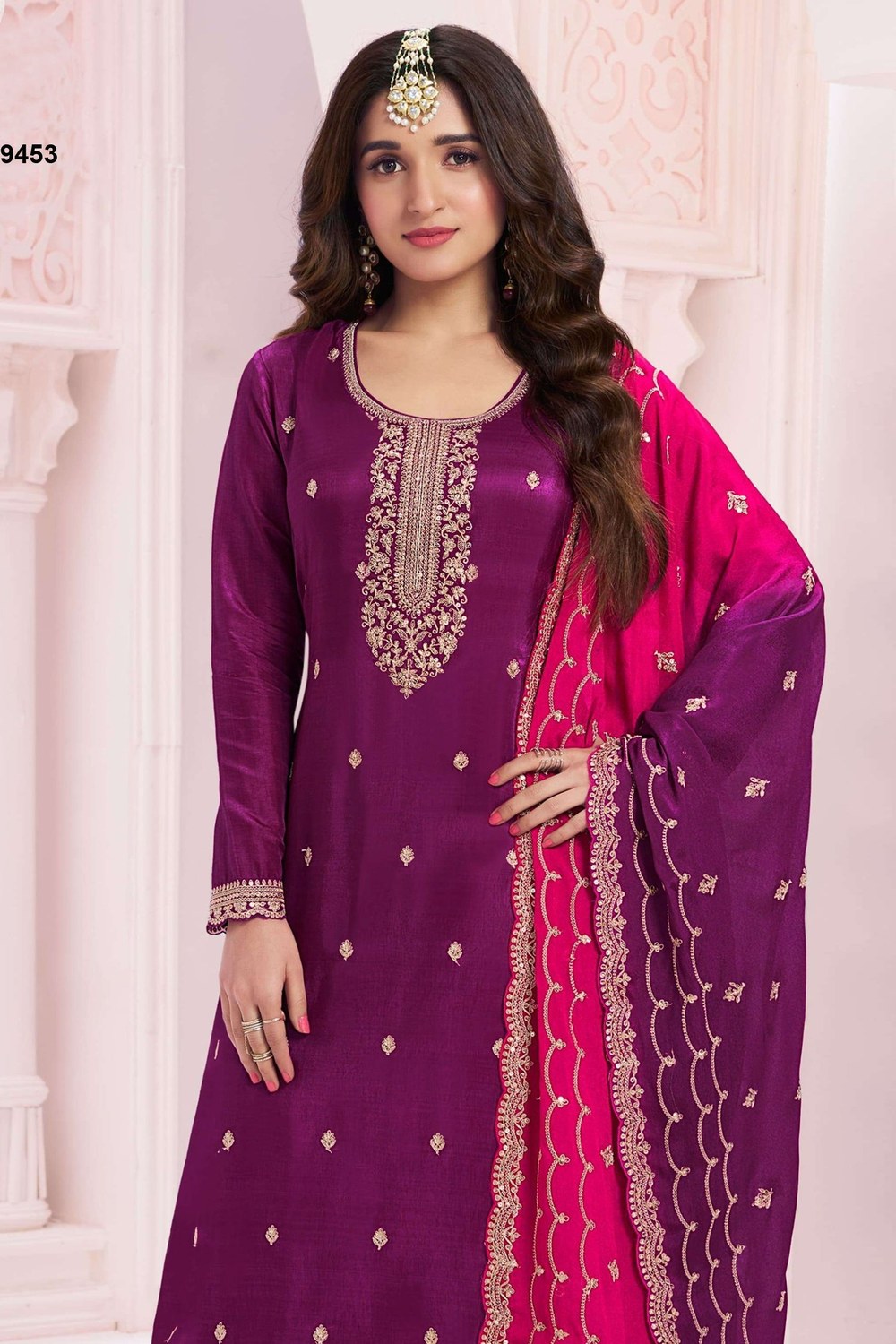 Purple Silk Georgette Sangeet Plazo Suit for Traditional Pakistani Clothes - Embroidery Work - close-up view