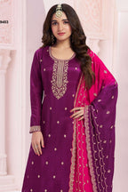 Purple Silk Georgette Sangeet Plazo Suit for Traditional Pakistani Clothes - Embroidery Work - close-up view