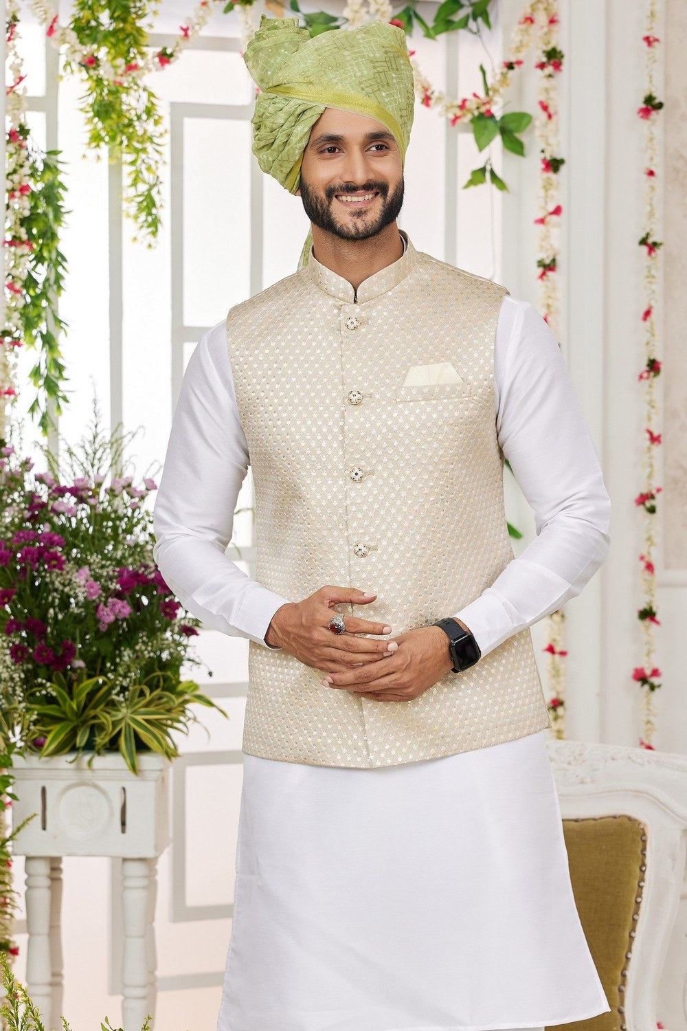 White Art Silk Kurta Pajama with Waistcoat Jacket for Men for Festivals & Wedding - Embroidery Work - close-up view