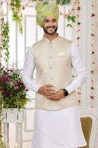 White Art Silk Kurta Pajama with Waistcoat Jacket for Men for Festivals & Wedding - Embroidery Work - close-up view