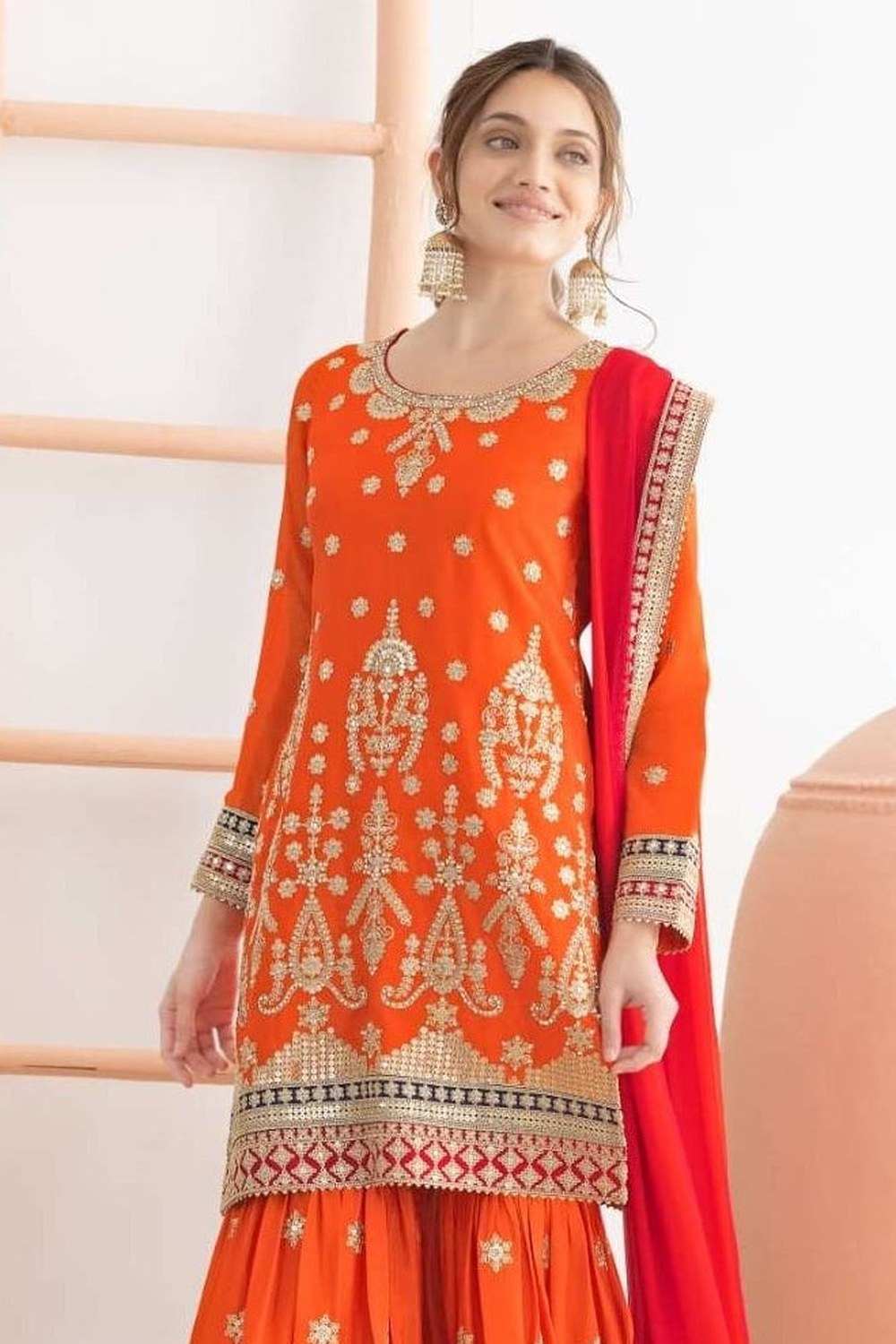 Orange Chinon Silk Sharara Suit For Indian & Pakistani Wedding Festival - Sequins & Thread Embroidery Work, Dori Work - close-up view