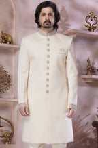 Cream Banarasi Silk Indo Western Traditional Sherwani Long Kurta & Pant Suit for Men for Wedding - Embroidery Work - close-up view