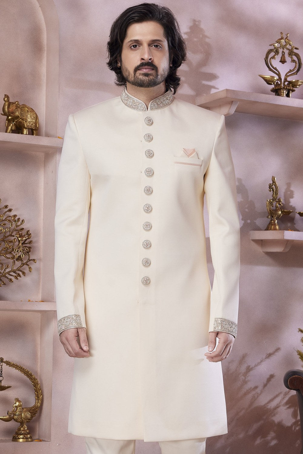 Cream Banarasi Silk Indo Western Traditional Sherwani Long Kurta & Pant Suit for Men for Wedding - Embroidery Work - close-up view