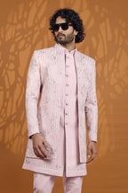 Light Pink 3 Piece Sherwani for Men Wedding with Thread Work - close-up view