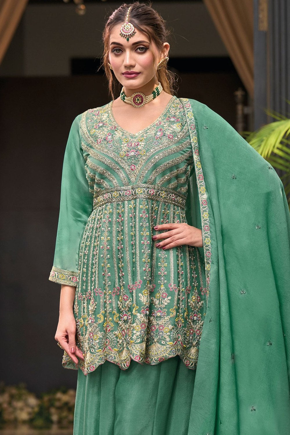 Green Chinon Silk Kameez with Plazo For Indian Festivals & Weddings - Embroidery Work - close-up view