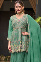 Green Chinon Silk Kameez with Plazo For Indian Festivals & Weddings - Embroidery Work - close-up view