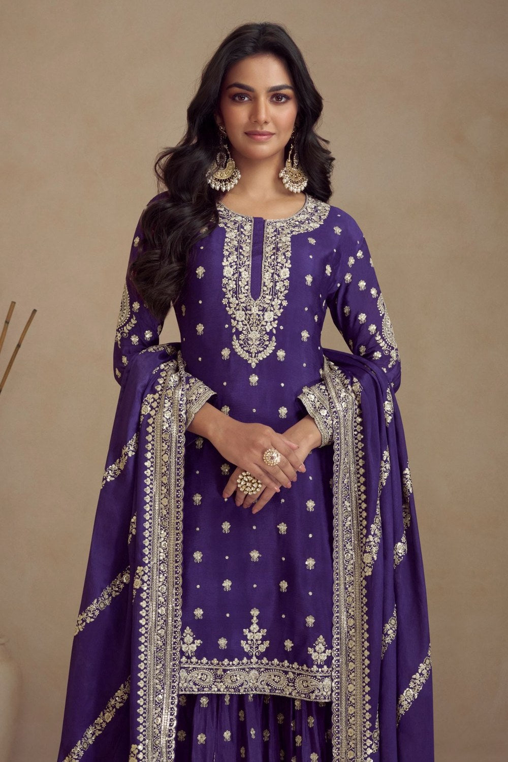 Purple Chinon Silk Plazo Suit - Embroidery Work - close-up view