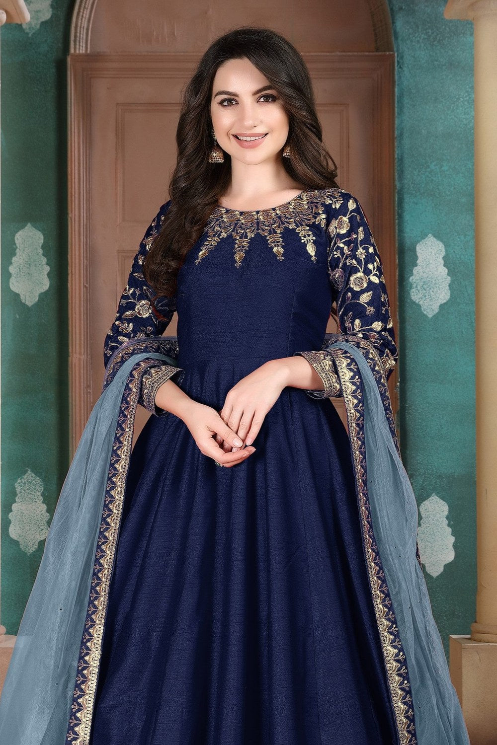 Navy Blue Chinon Silk Anarkali Indian Party Wear Dresses with Thread Embroidery Work - close-up view