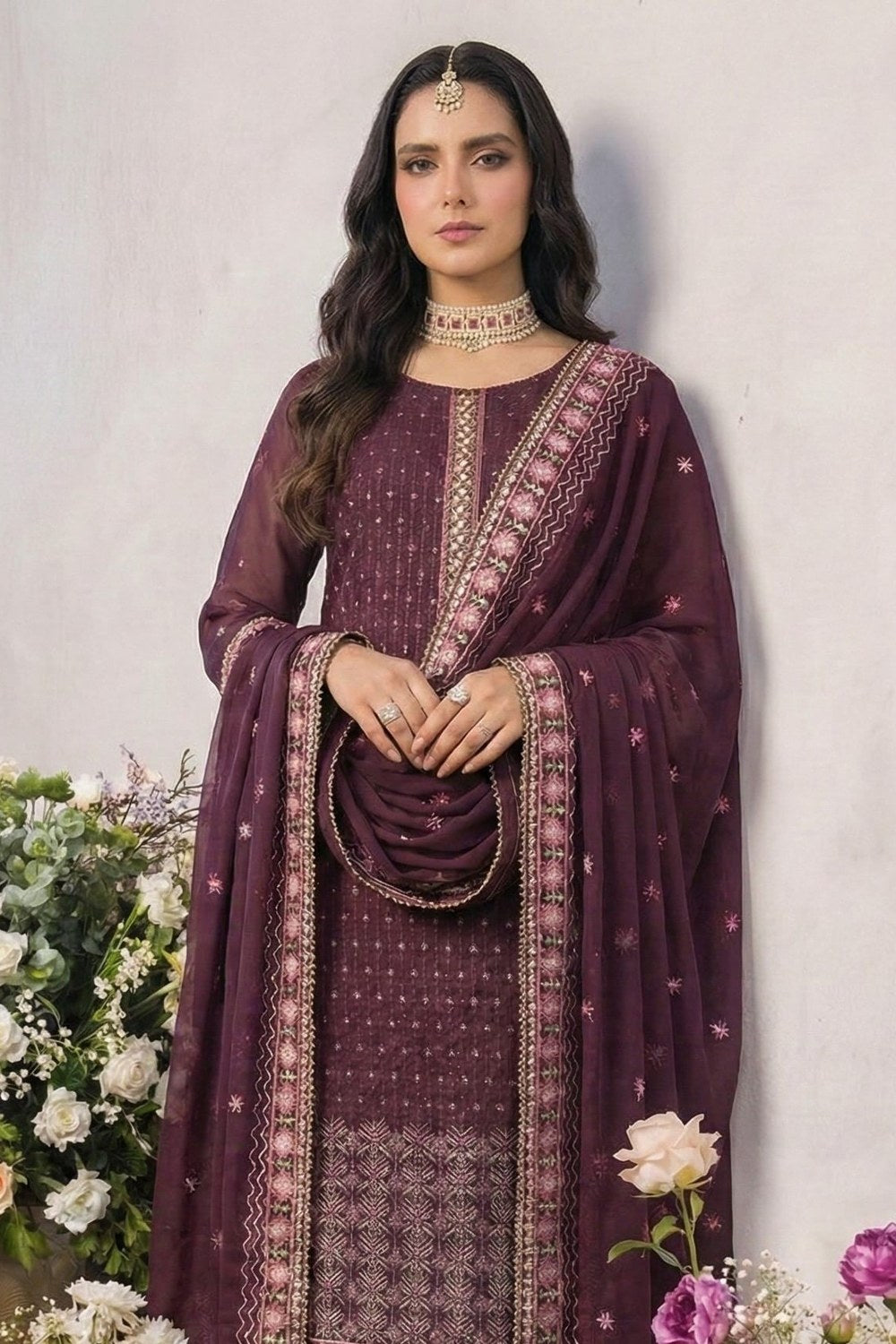 Wine Georgette Kameez With Pant For Indian & Pakistani Wedding Festival - Thread Embroidery Work - close-up view