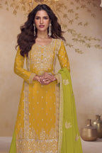 Yellow Chinon Silk Palazzo Dress For Indian & Pakistani Wedding Festival - Thread & Sequins Embroidery Work - close-up view