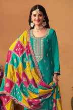 Green Chinon Silk Kameez Pant Suit For Indian Festivals & Weddings - Thread Embroidery Work, Sequence Embroidery Work - close-up view