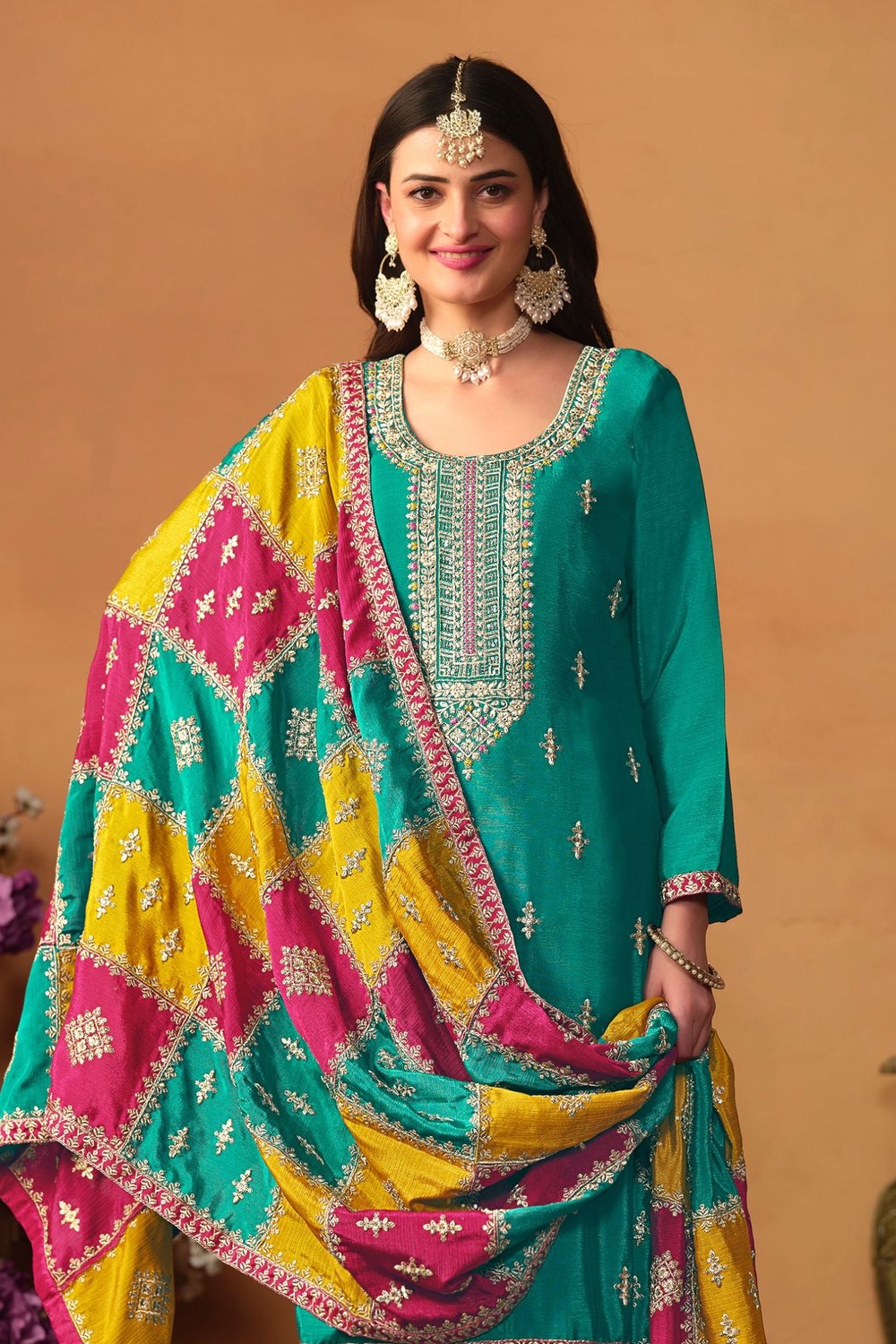Green Chinon Silk Kameez Pant Suit For Indian Festivals & Weddings - Thread Embroidery Work, Sequence Embroidery Work - close-up view