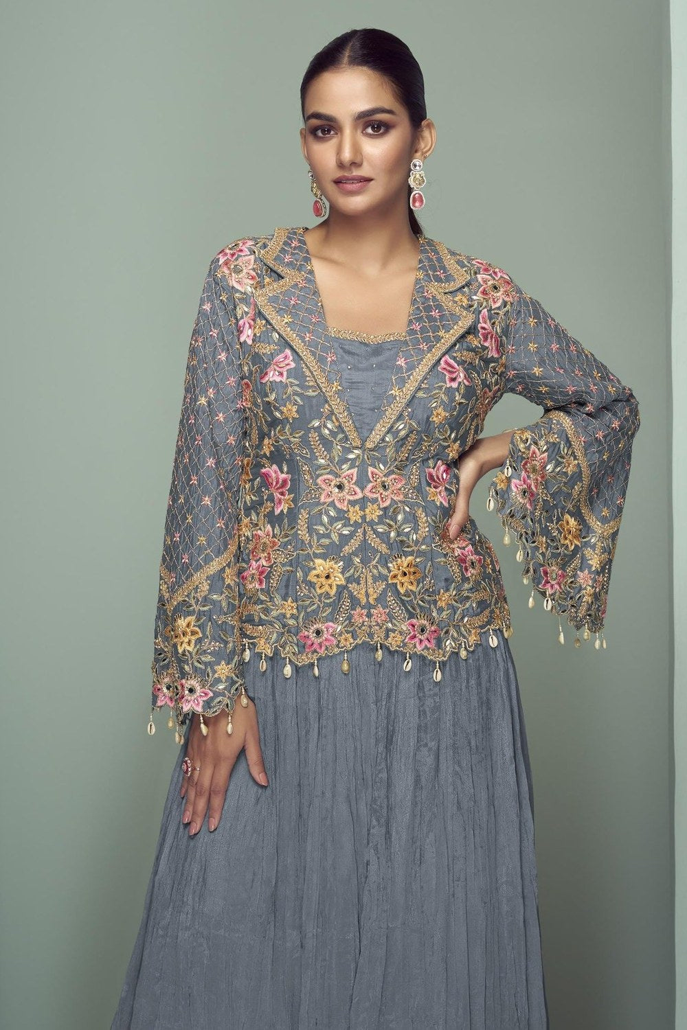 Grey Chinon Silk Kameez With Skirt For Indian & Pakistani Wedding Festival - Thread Embroidery Work, Real Mirror Work, Dori Work - close-up view