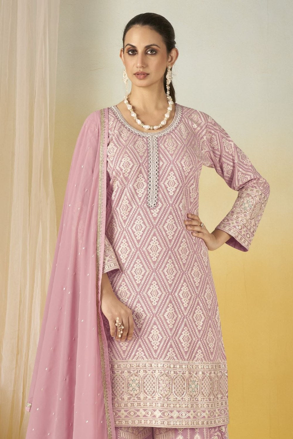 Baby Pink Georgette Thread Embroidered Latest Plazo Design for Wedding - close-up view