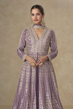 Purple Chinon Silk Anarkali Suit With Palazzo For Indian & Pakistani Wedding Festival - Sequins & Thread Embroidery Work - close-up view