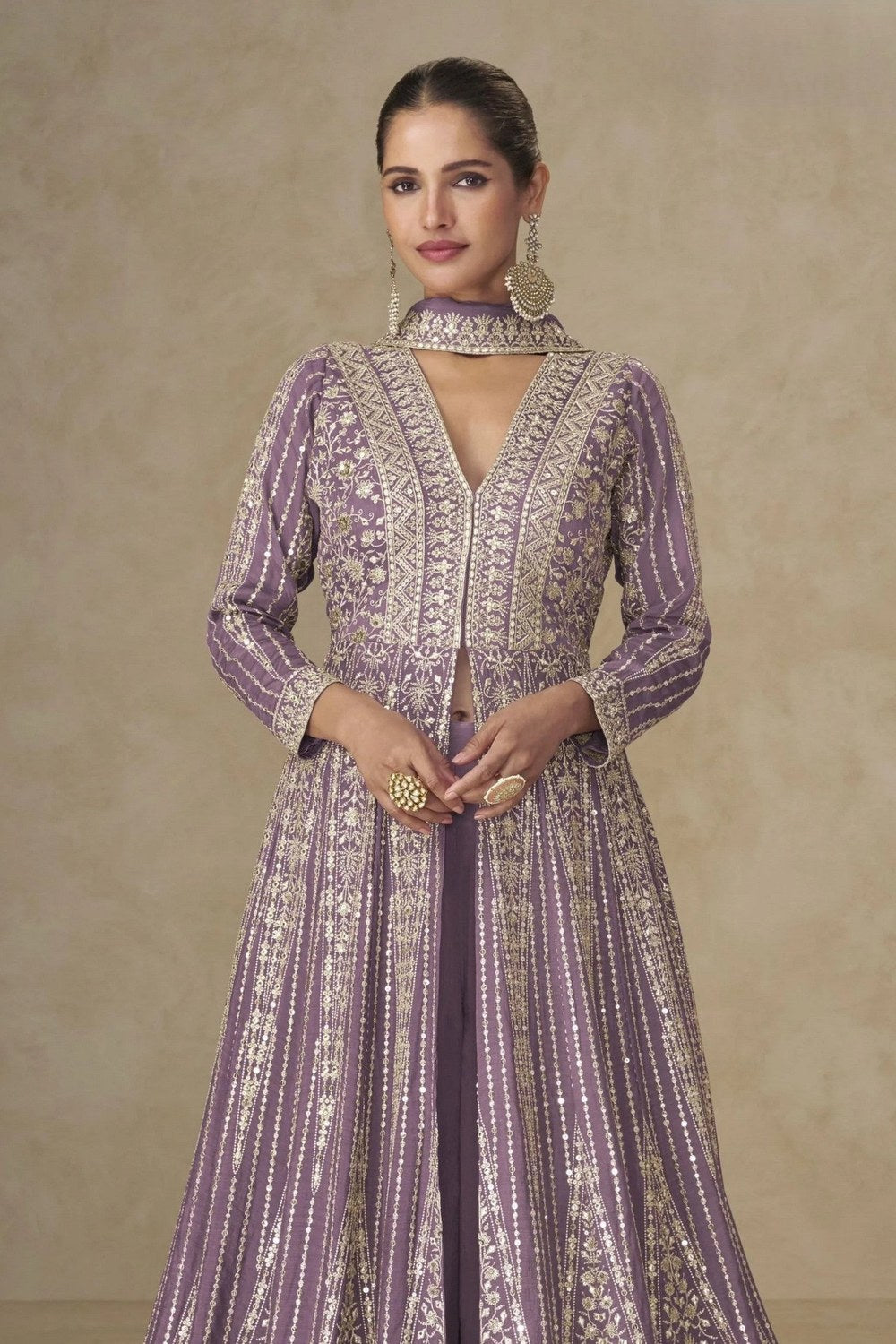 Purple Chinon Silk Anarkali Suit With Palazzo For Indian & Pakistani Wedding Festival - Sequins & Thread Embroidery Work - close-up view