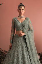 Sage Green Long Sleeves Lehenga Choli for Wedding Guest in Net - Thread & Sequins Work - close-up view