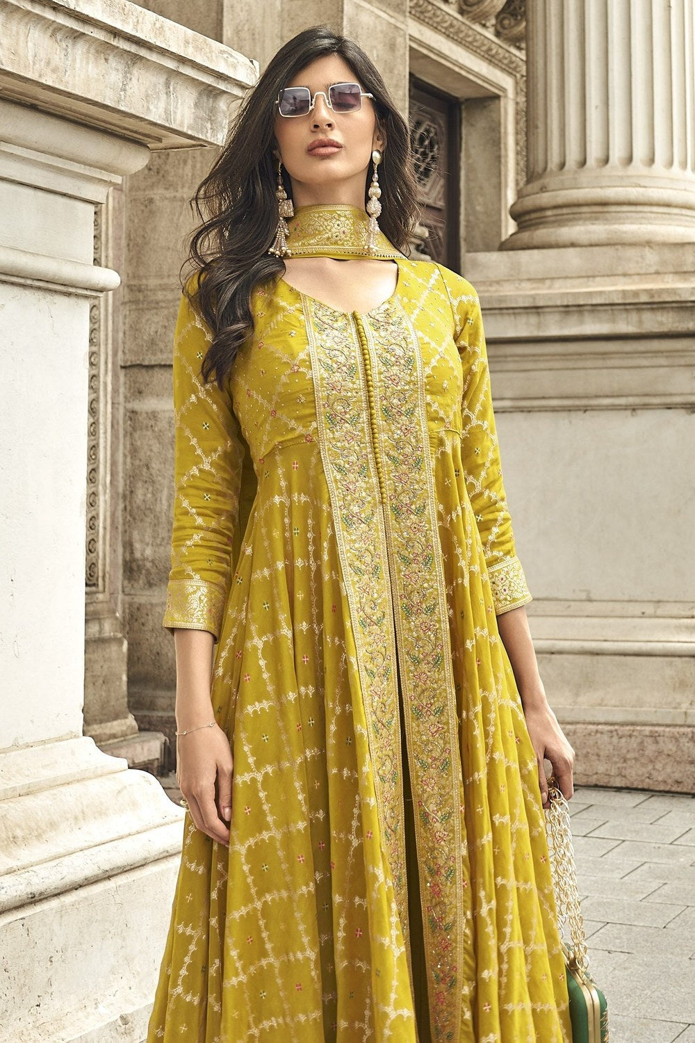 Yellow Jacquard Haldi Indian Wedding Guest Attire Long Kameez with Palazzo - Jacquard Work - close-up view