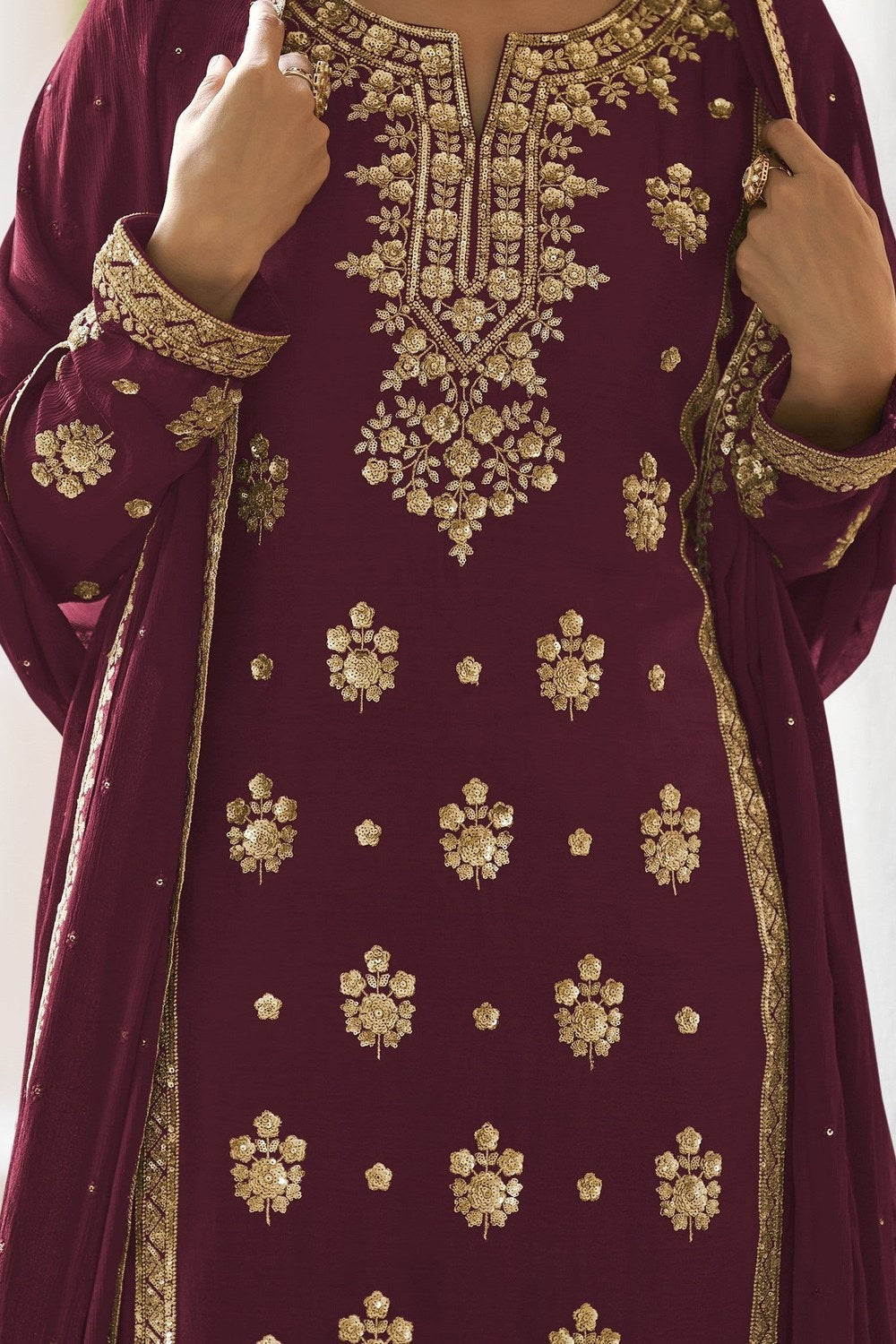 Maroon Straight Cut Pakistani Suit with Chinon Silk Palazo - hem and footwear detail