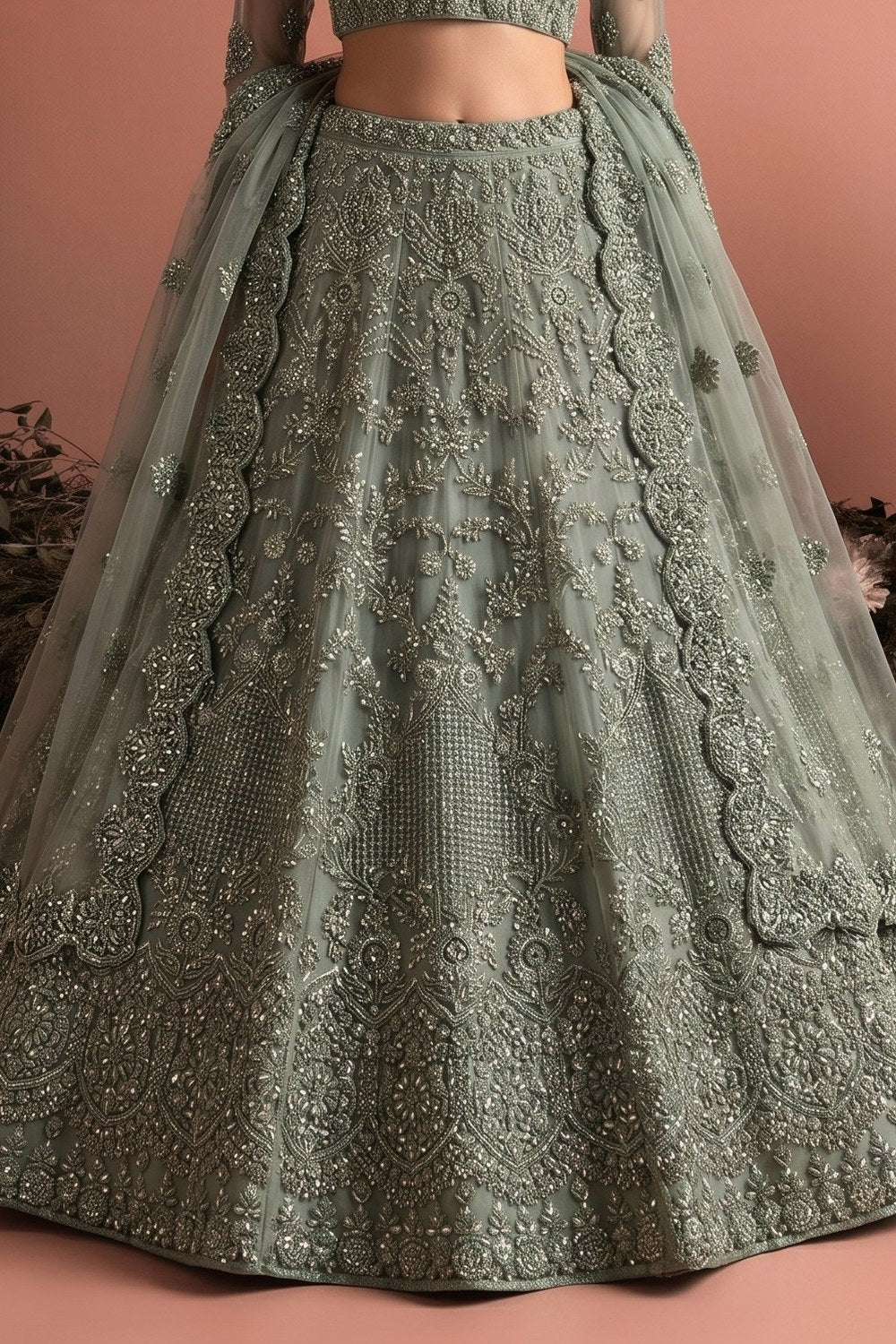 Sage Green Long Sleeves Lehenga Choli for Wedding Guest in Net - Thread & Sequins Work - hem and footwear detail